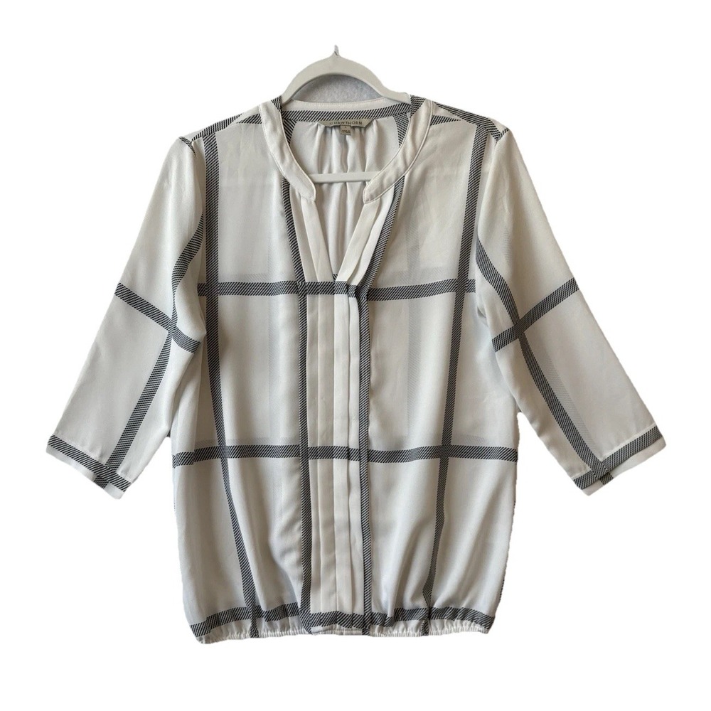 41 Hawthorne Juanis V Neck Blouse Womens S Windowpane Sheer Office Business Chic